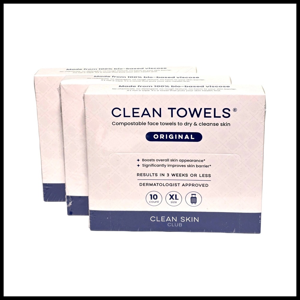 Clean Skin Club Clean Towels Original 3 Pack 10 Count XL Travel Size Face Towels